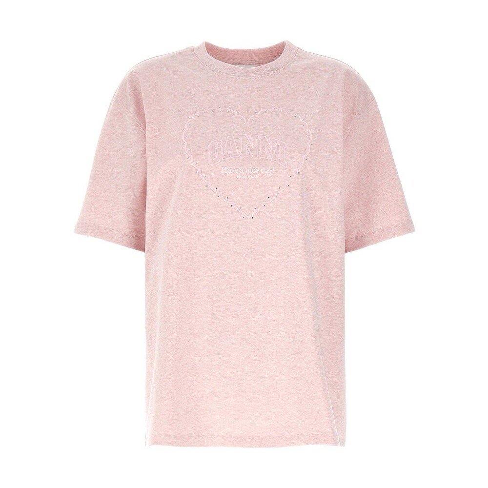 Ganni Pink Embroidered Heart Rhinestone T-Shirt 4XL Heavyweight Organic Cotton
